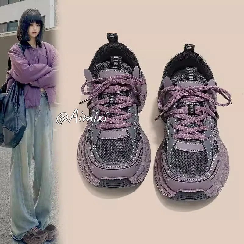 赵露思同款树莓紫老爹鞋2025新款百搭学生校园风厚底运动休闲女鞋