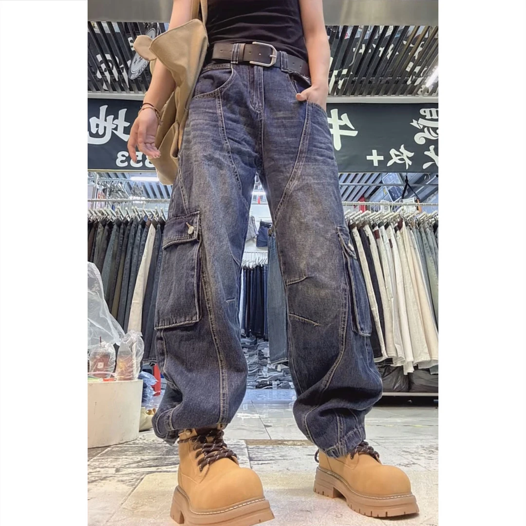 艾塔莉早秋新款长裤水洗设计感百搭牛仔裤阔腿裤高街风多口袋小众