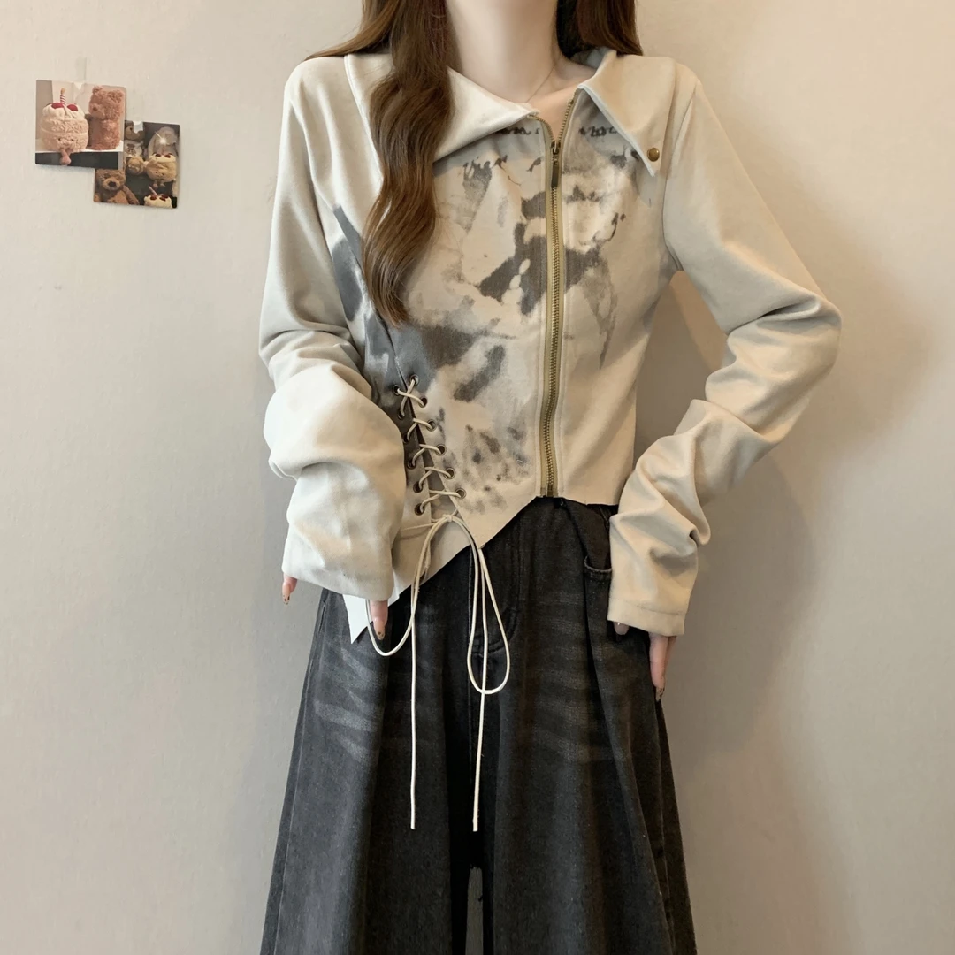 美式扎染Polo领正肩长袖T恤女秋季大码胖mm不规则抽绳打底衫上衣