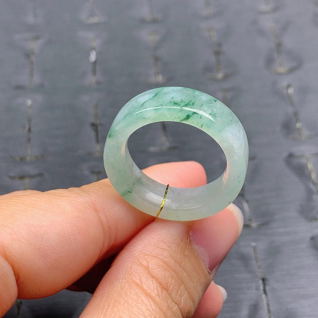 22号缅甸天然A货翡翠T601内径19.9/7.4/3.8mm 冰胶飘花方戒戒指