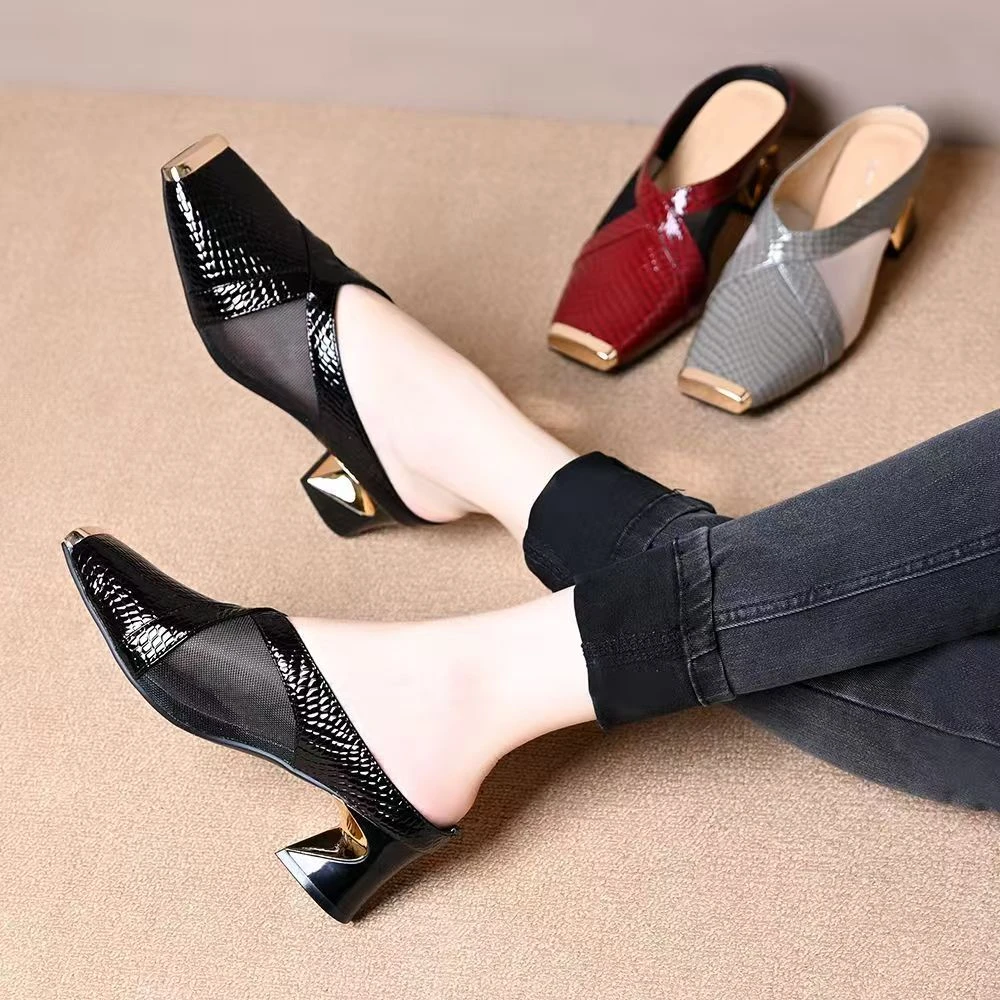 【商场撤柜】软皮包头女2025新款夏季外穿时尚尖头高跟网纱穆勒鞋