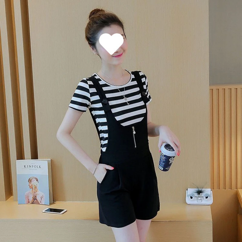 女装S-XXL女新款背带裤2025夏季韩版套装T恤两件套圆领夏条纹女