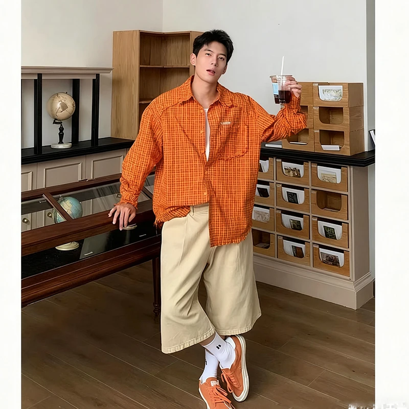 美式复古橙色长袖格子衬衫男秋季cleanfit多巴胺格纹百搭衬衣外套