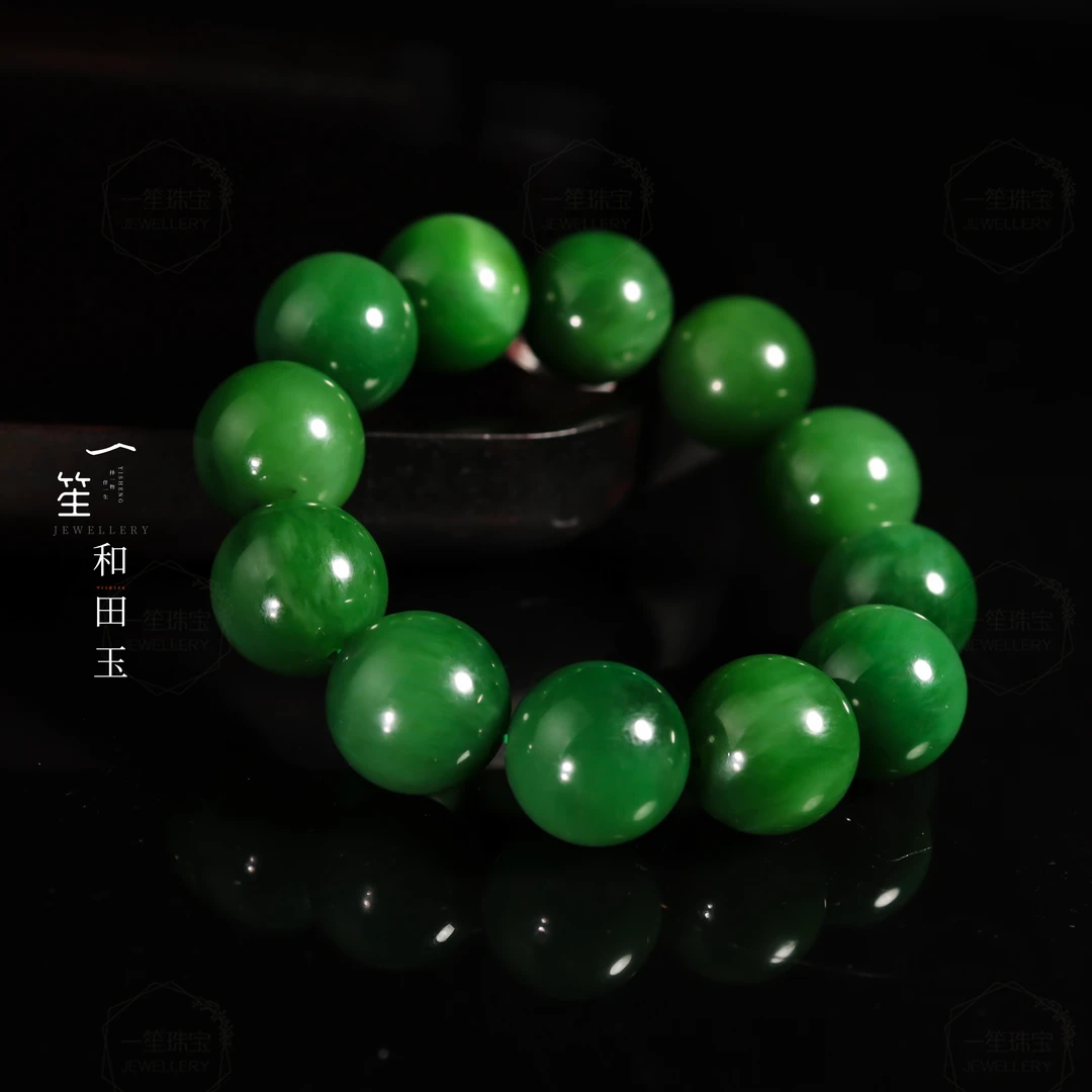 【一笙珠宝】收藏级和田玉俄碧老料碧玉圆珠手串裸石约18-19mm