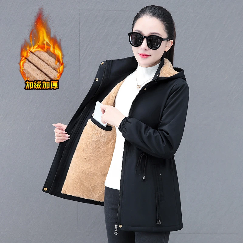 加绒加厚中长款风衣外套女冬季2024新品大码保暖大衣派克服冬上衣