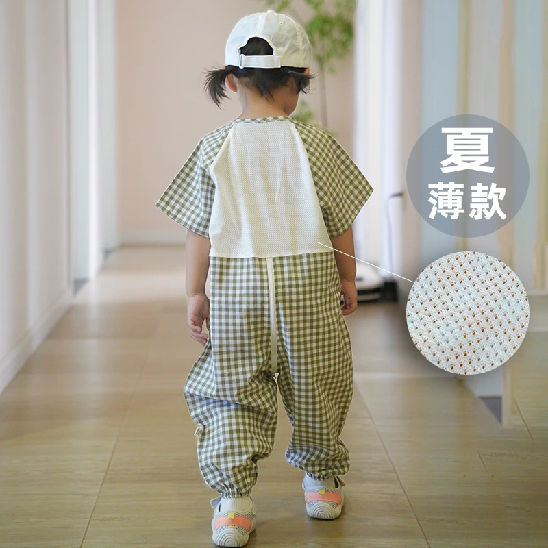 宝宝爬行服薄款短袖儿童外出连体罩衣防脏纯棉透气婴儿爬爬服夏季