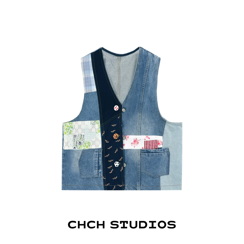 RAQZZ42797初秋新款V领贴布绣宽松牛仔马甲上衣外套女