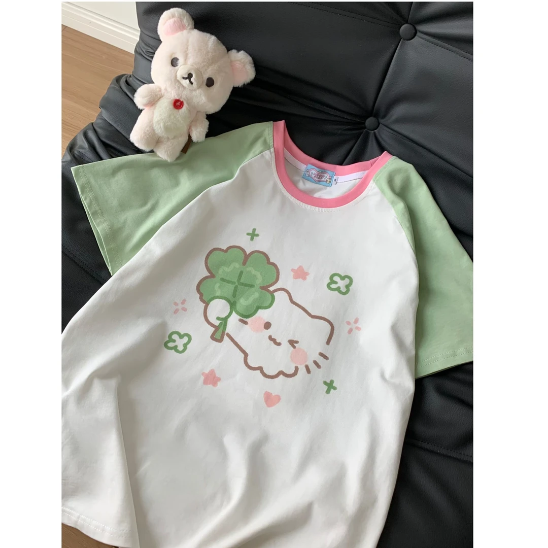 小猫吃不饱原创四叶草小猫印花白绿插肩短袖可爱宽松t恤圆领上衣