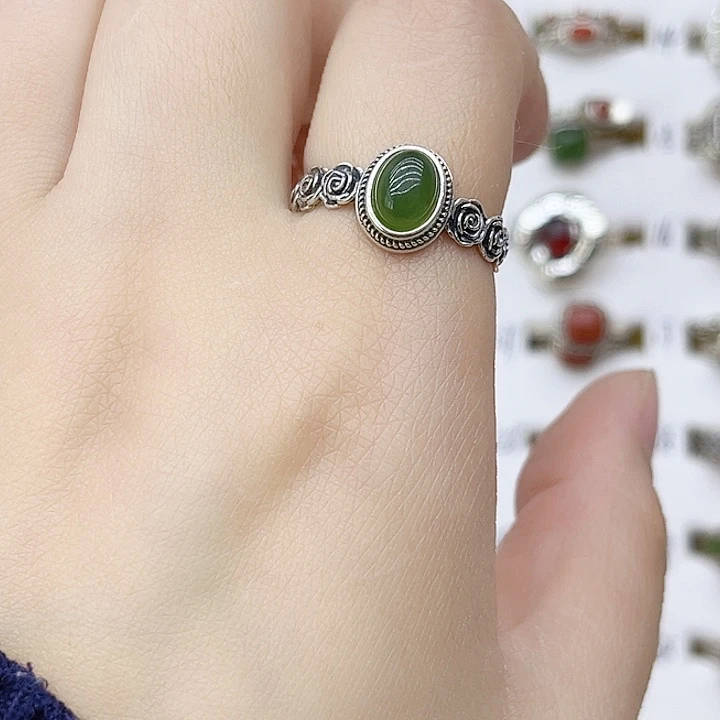 和田玉戒指银S925镶嵌天然