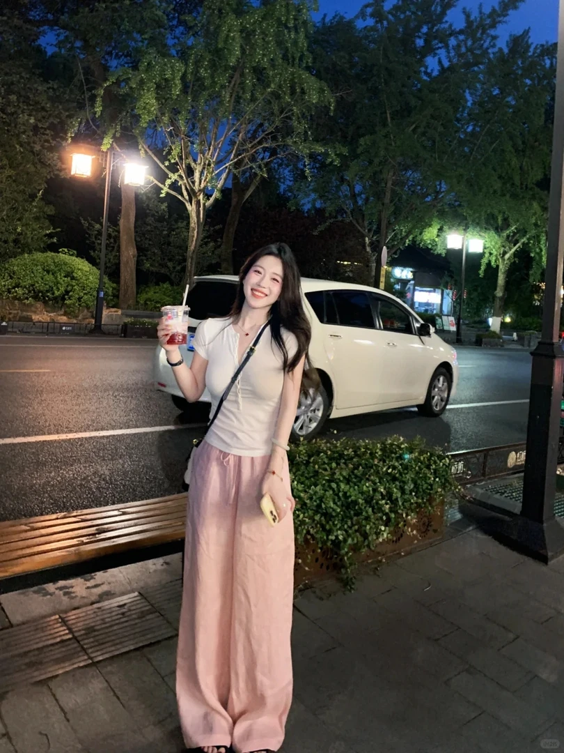 2025夏季新款时尚v领正肩针织短袖t恤粉色宽松休闲裤气质两件套女