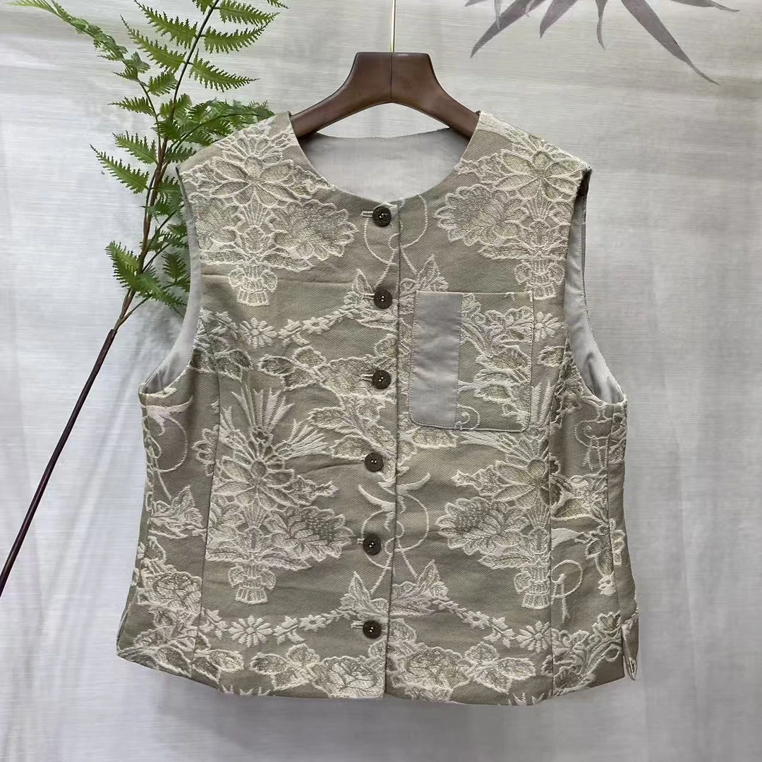 知羽香云【花木兮】绵羊毛立体提花国风新中式早秋百搭马甲ZY625602