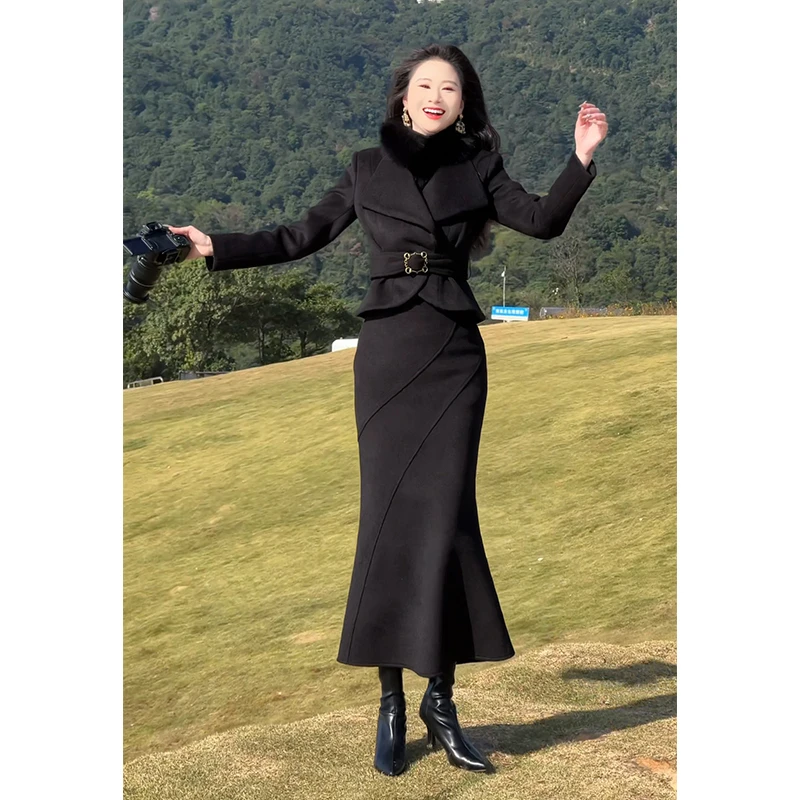 格润雅冬季搭配一整套2025新款名媛气质收腰外套高腰鱼尾裙两件套