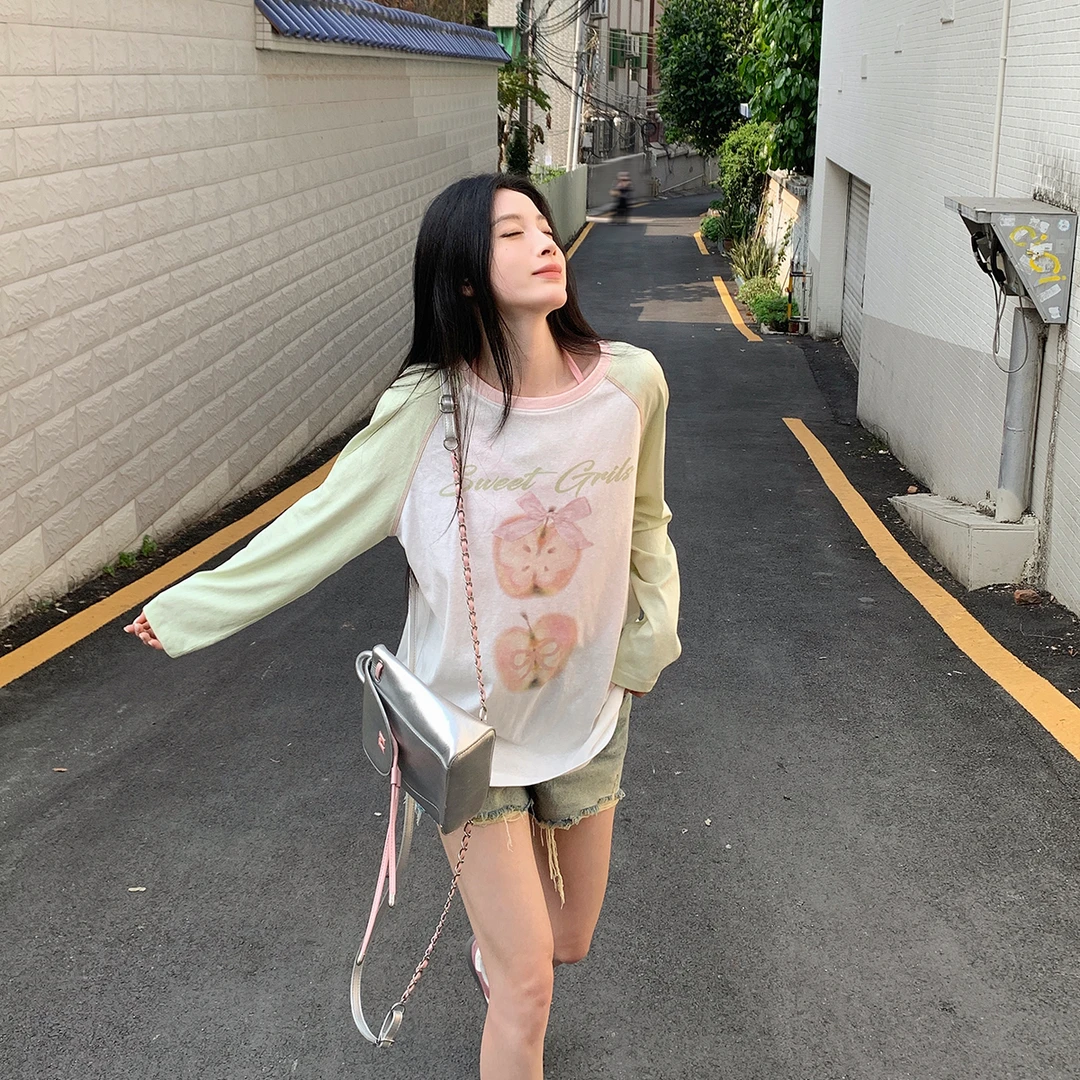 吵吵家苹果印花撞色罩衫宽松长袖上衣54115