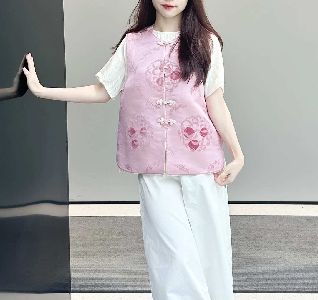 【香绮名夏】新中式上衣100%桑蚕丝戴春明粉色桃子漳缎