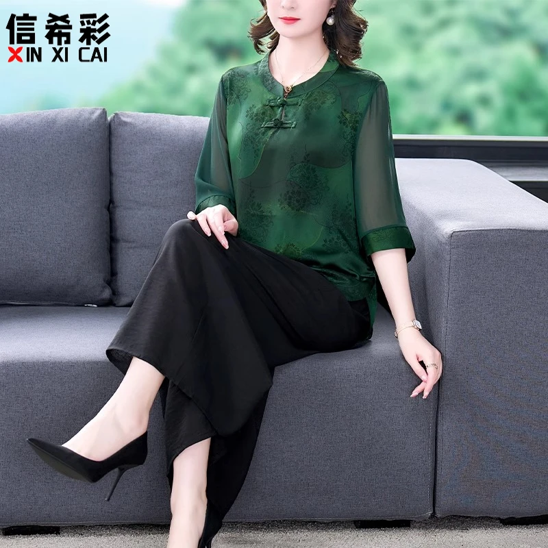 妈妈夏装新中式国风上衣印花小衫高端中袖寸衫复古洋气春夏装套装