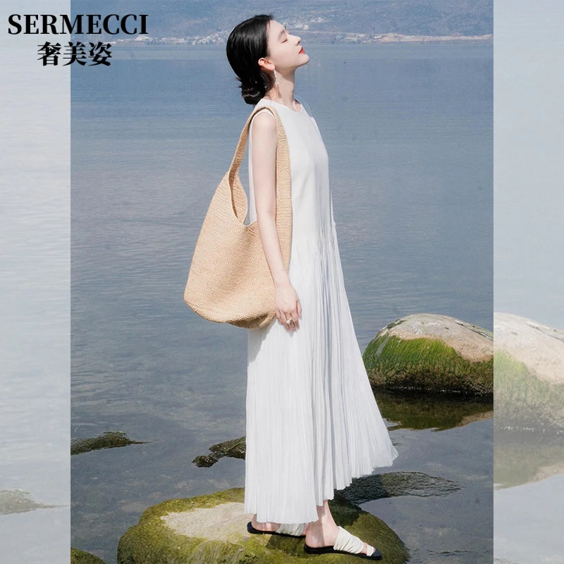 法式初恋白色无袖背心连衣裙女夏季高级感气质海边度假超仙女长裙