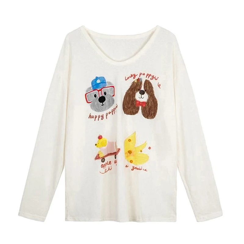 字母动物印花T恤长袖时尚休闲ins百搭学院风圆领卡通可爱春秋套头