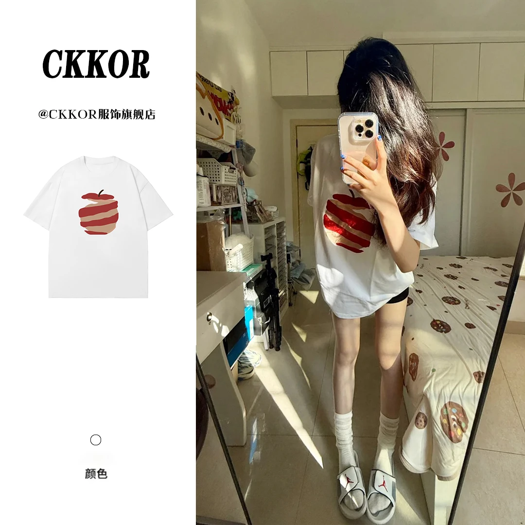 CKKOR夏季新款纯棉百搭休闲短袖t恤女韩版潮牌宽松圆领中长款上衣