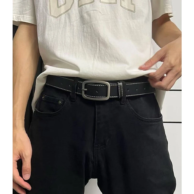 裤爵上新复古潮流商务休闲pu皮革多孔白边百塔针扣腰带宽版