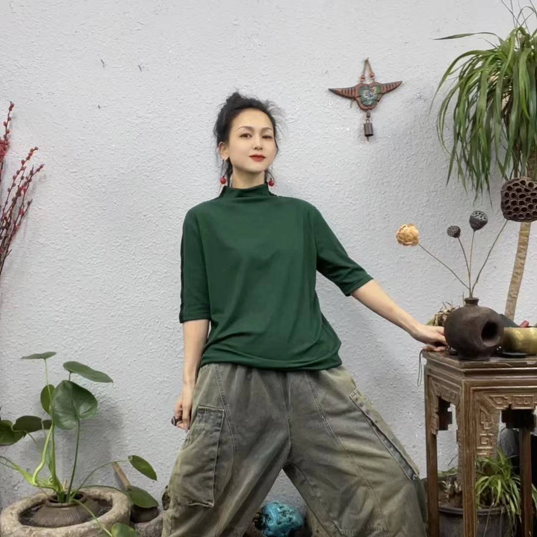 257细纹棉肩膀撞色中领中袖上衣（长60胸围116-150