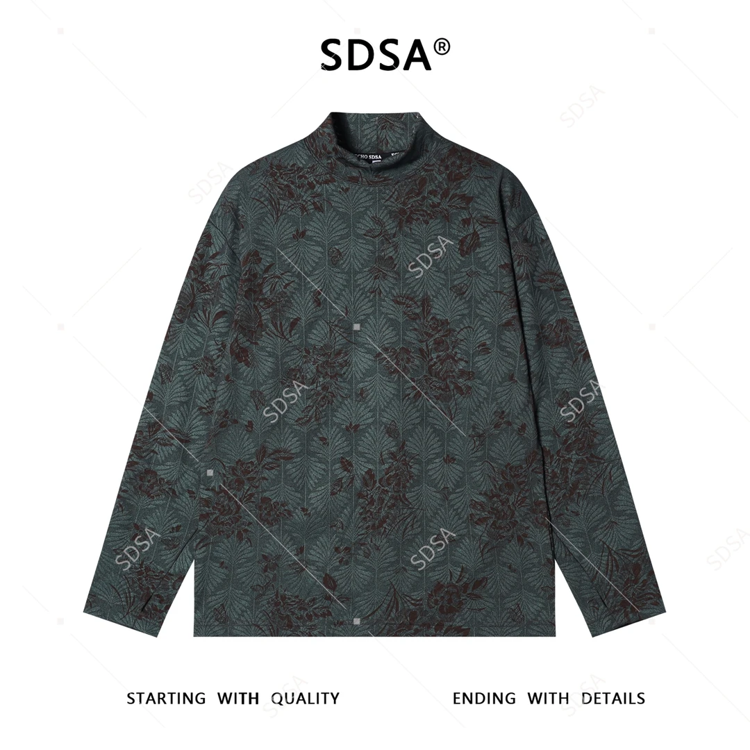 SDSA秋冬新款痞帅男装国风撞色植物花卉提花半高领长袖T恤百搭潮