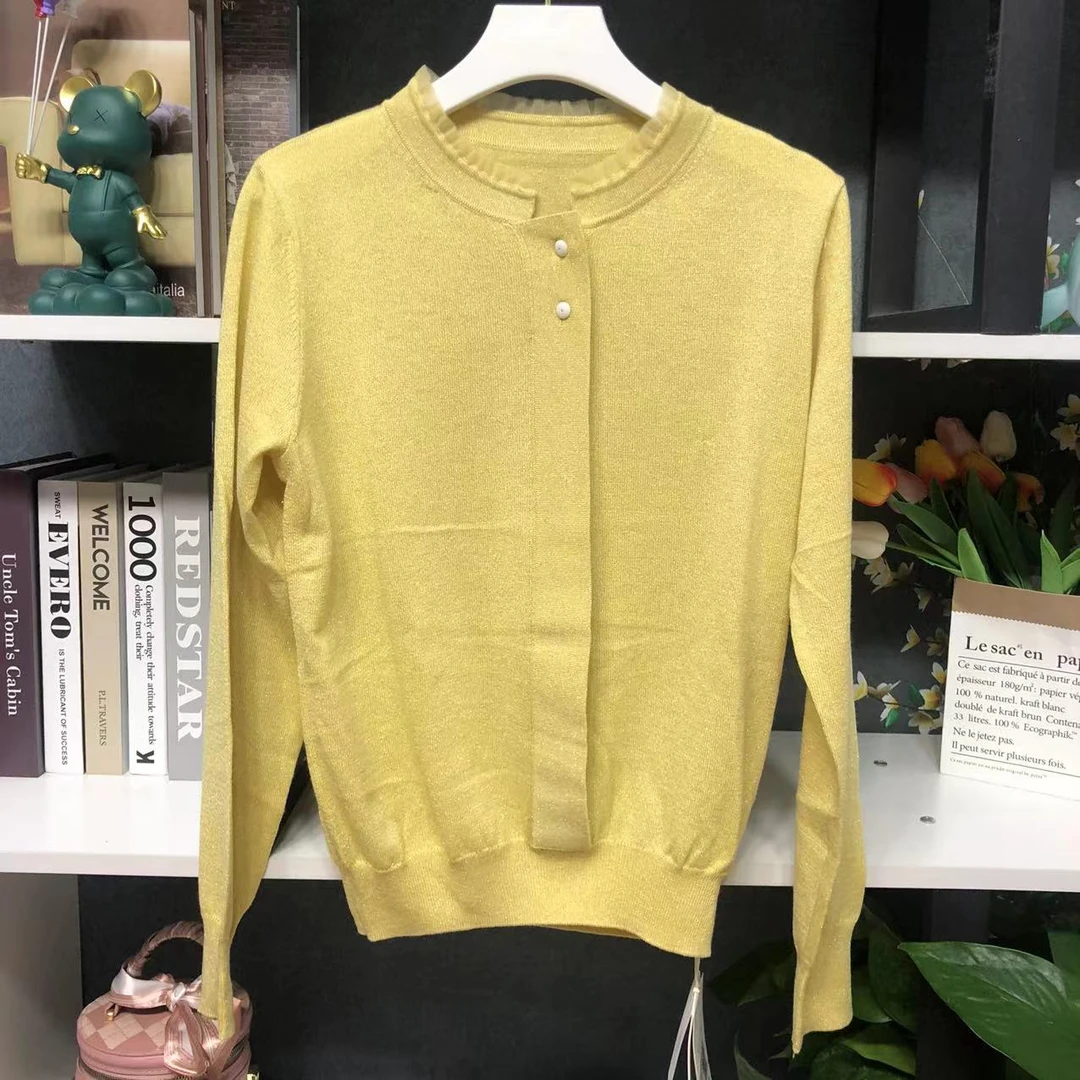 ML366【秋季新款】时尚黄色蕾丝拼接领简约百搭上衣