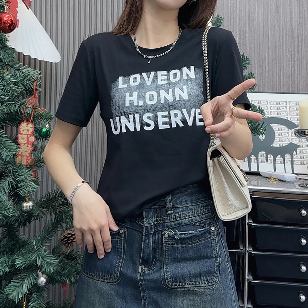 字母H.O新款女装正肩短袖T恤薄款百搭减龄显瘦上衣小众女休闲圆领