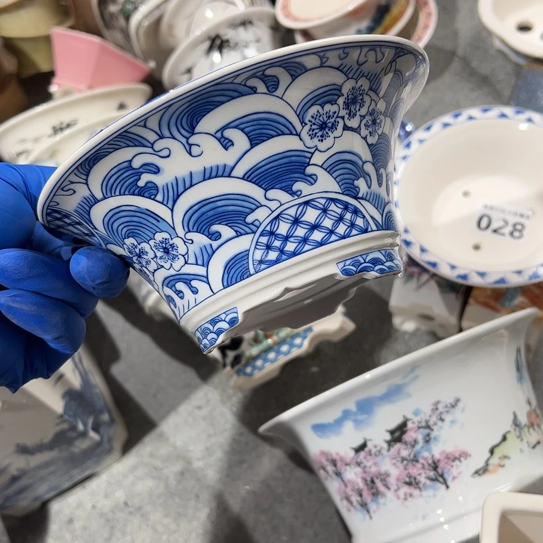 紫砂花盆029号瑕疵17/7cm仿手绘海浪花纹