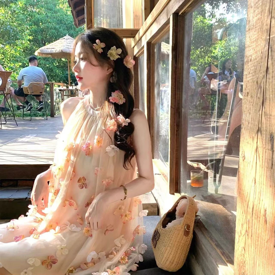 400~410显瘦吊带裙初恋新中式樱花印花连衣裙汉服碎花法式