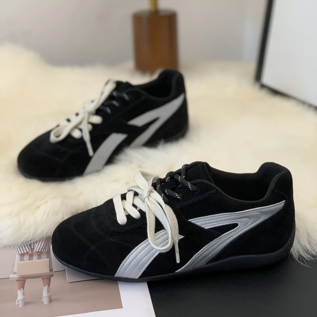 复古磨砂绒面平底显脚小德训鞋女2025秋季新款双鞋带小众设计板鞋