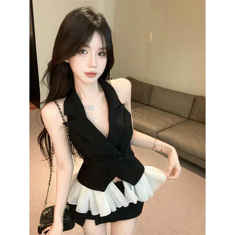 夏季新款盐系露背撞色挂脖西装马甲可卸衣摆简约背心百搭裙裤套装