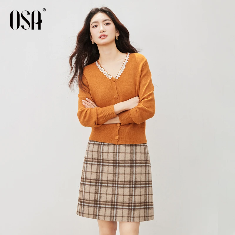 OSA落日橘色针织开衫女秋季钉珠V领软糯长袖毛衣上衣S125C16043
