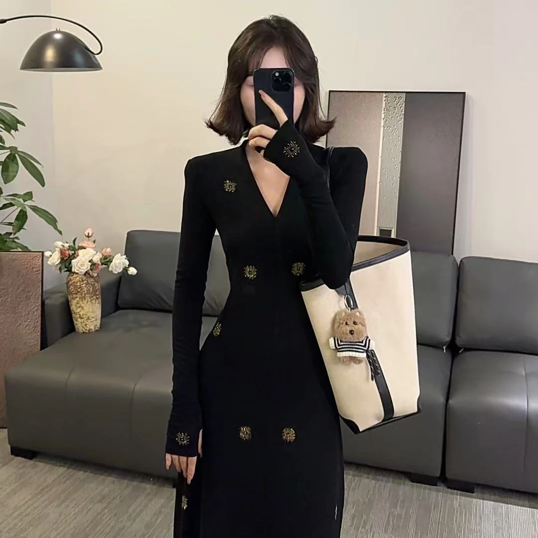 【OS&oneshow】秋季女士红色西装连衣裙长袖V领女神秋冬时尚名媛