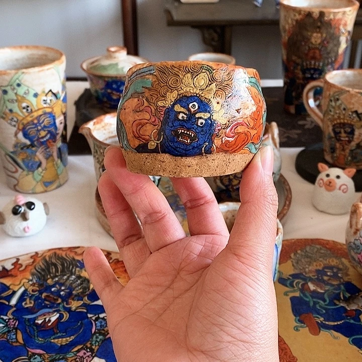 手工手绘不动明王茶杯