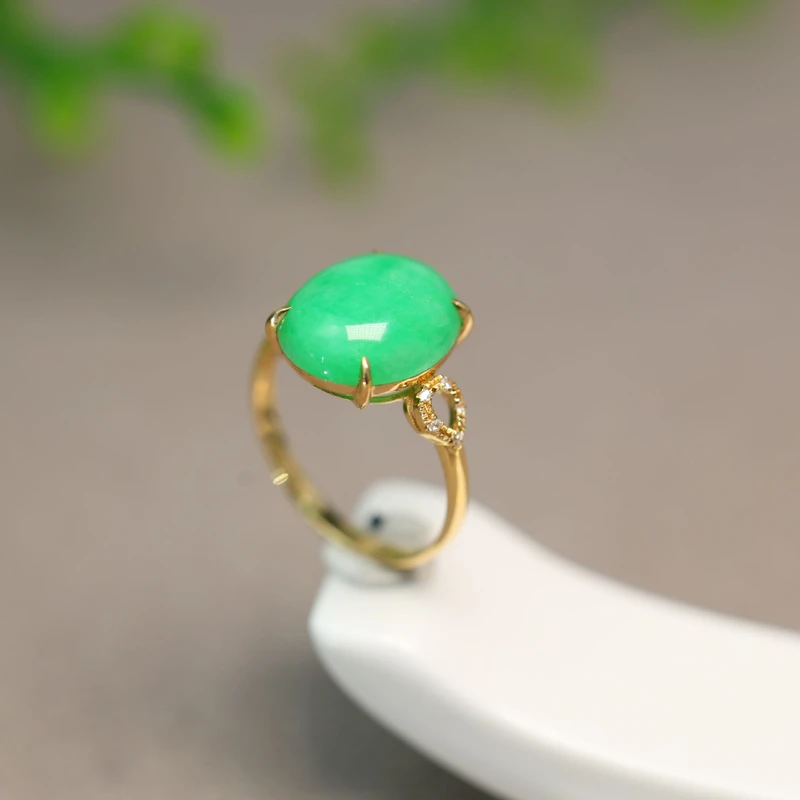 #L012冰糯种满色阳绿缅甸天然A货翡翠椭圆形蛋面戒指女戒