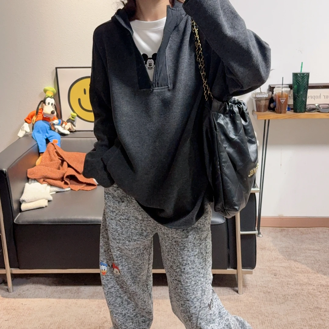 2025冬季新款超洋气半拉链连帽内搭卫衣女宽松显瘦简约高级保暖