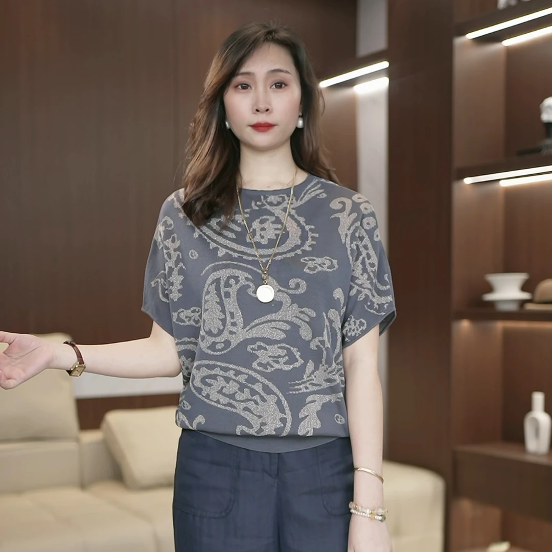 2025新款短袖女上衣夏薄款轻奢高级感针织小衫印花t恤3228