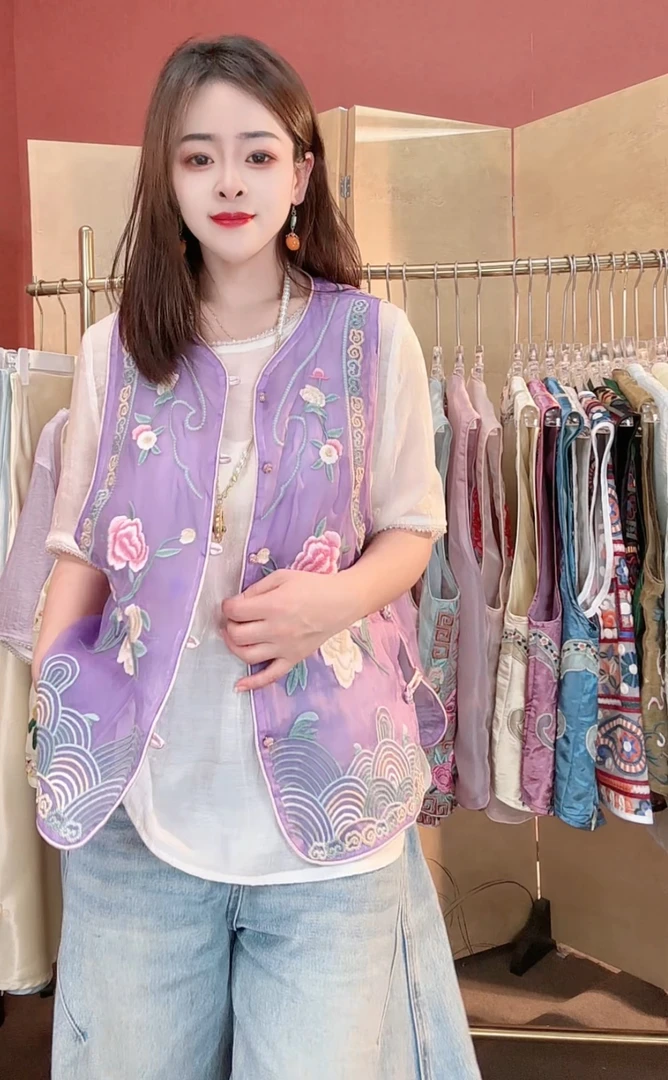 【富贵花】夏季新款新中式国风圆领重工刺绣设计时尚（单件马甲）