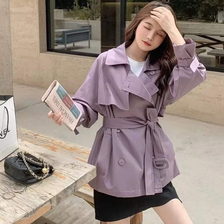 紫色短款风衣外套女小个子赫本宽松收腰显瘦款
