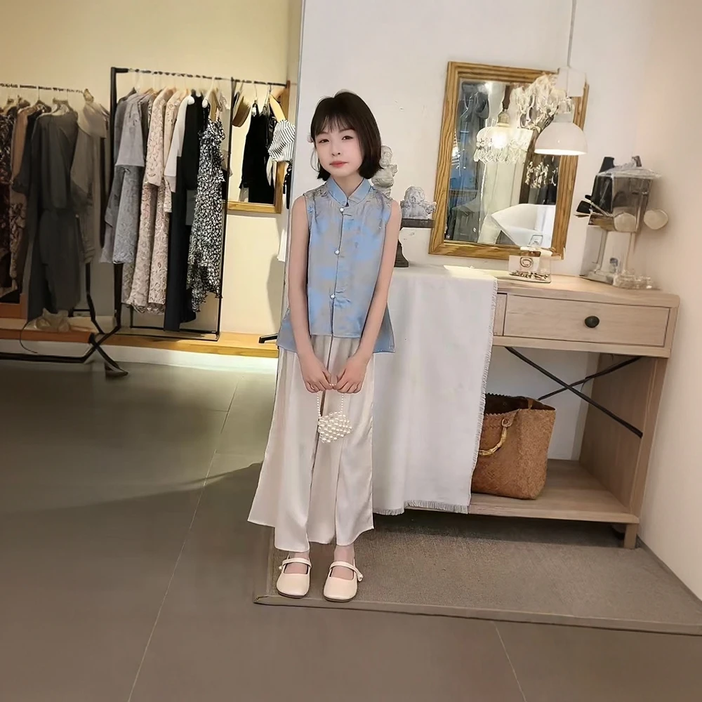女童夏装国风套装2025夏季新款儿童盘扣无袖阔腿裤