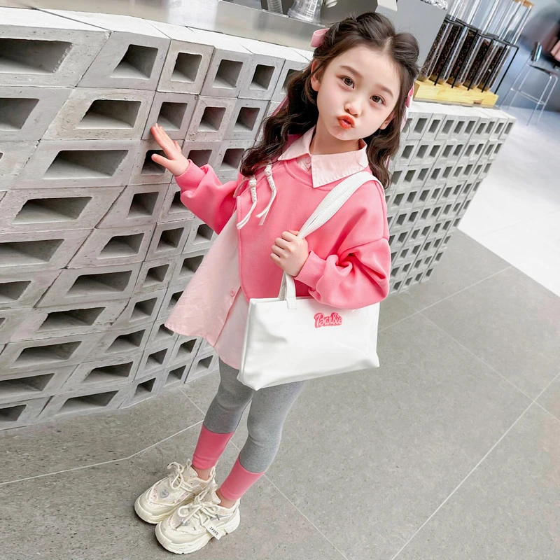 女孩长袖假两件衬衫新款女宝宝打底裤休闲两件套9岁女童春秋套装