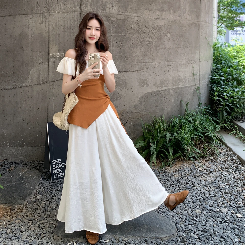 橘色一字肩上衣阔腿裤两件套女2025年夏季新款韩系休闲超好看套装