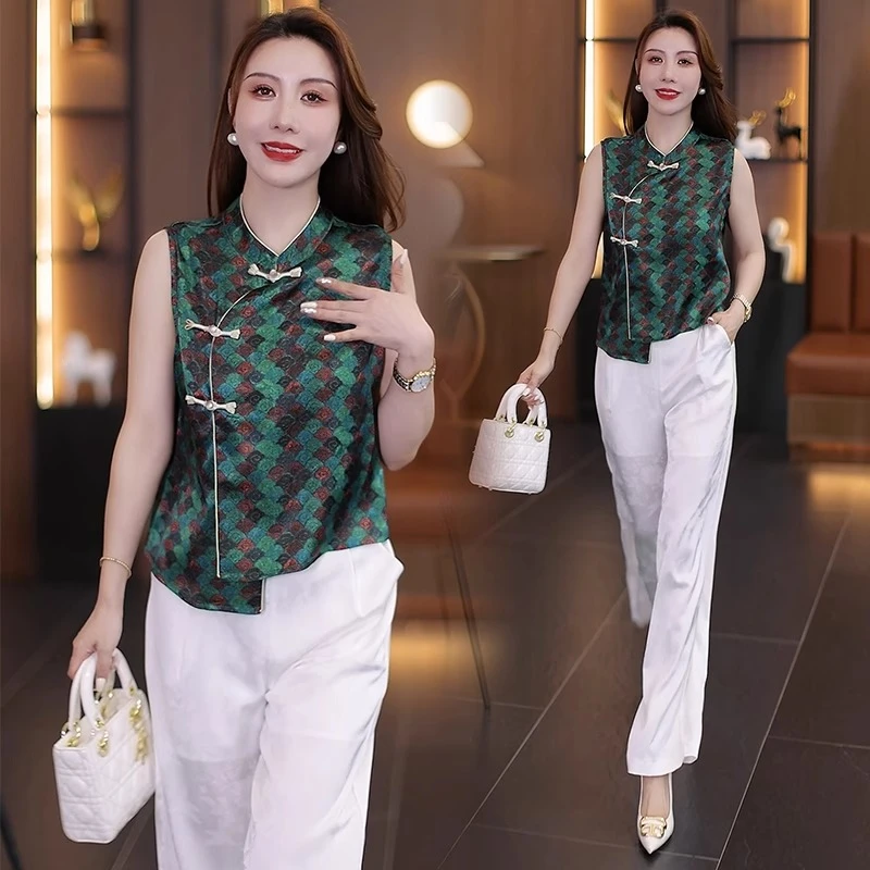 新中式国风套装女2025夏季新款洋气显瘦无袖上衣阔腿裤复古两件套