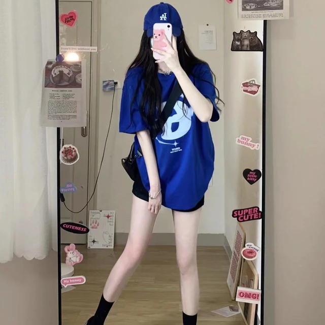 美式复古克莱因蓝字母短袖T恤女夏宽松ins潮街头oversize纯棉上衣