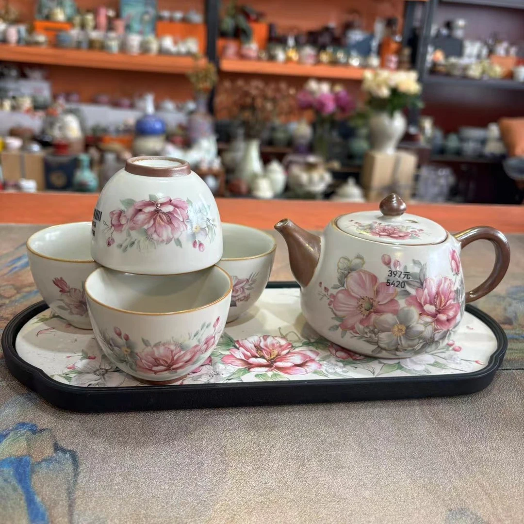 玲珑 复古【粉色国色天香】-黄汝潘壶+4杯+盘-2834