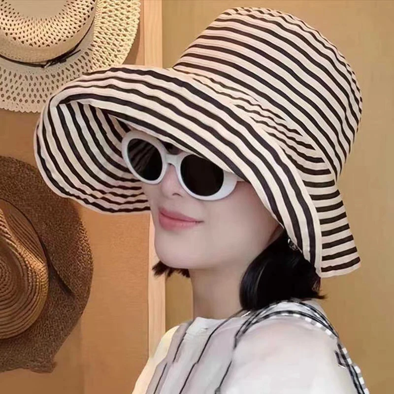 黑白条纹渔夫帽子女胶片日记优雅复古气质大帽檐遮阳帽户外太阳帽