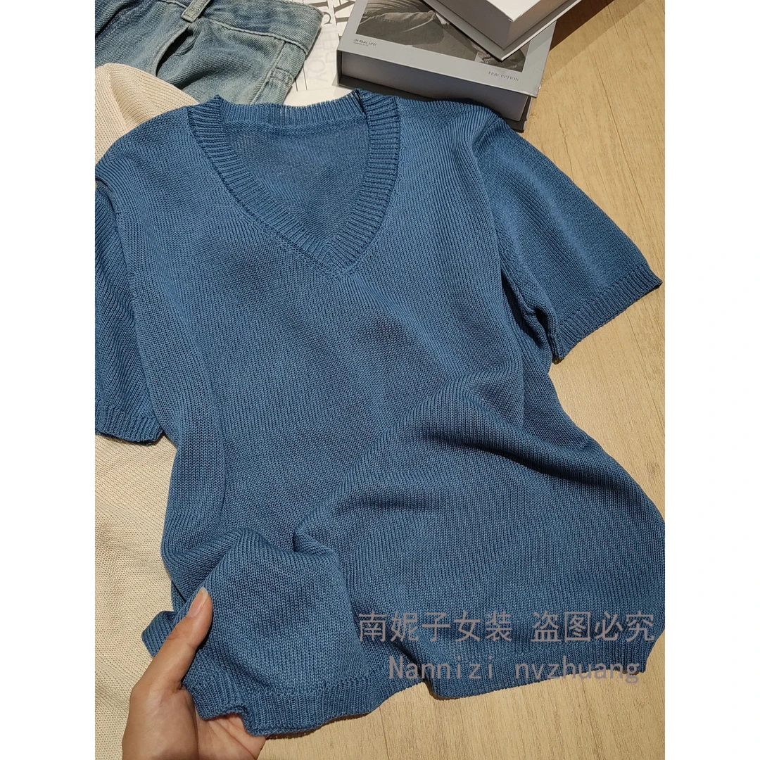 南妮子女装时尚百搭V领上衣女夏季韩版显瘦透气宽松针织衫TX18832