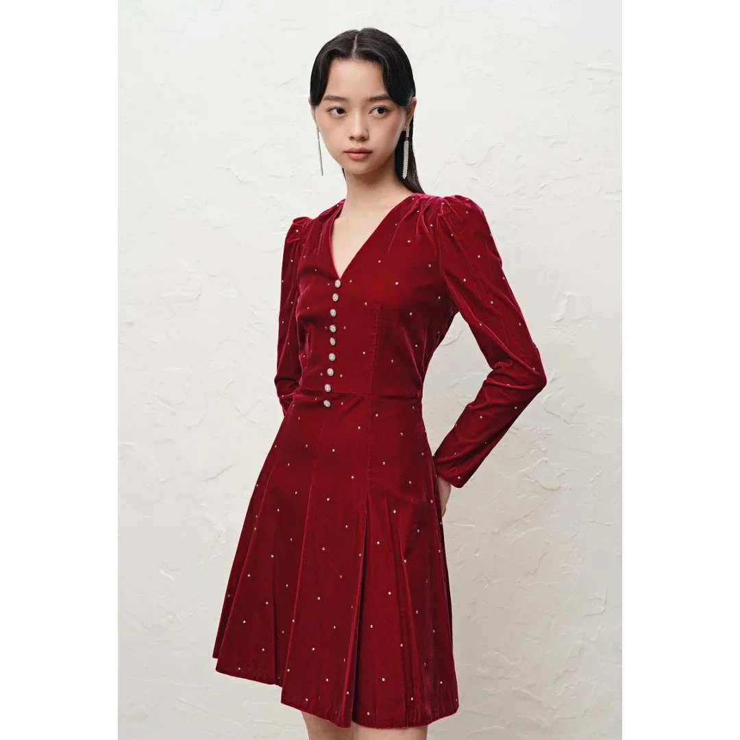 奥莉嘉朵秋季丝绒羊腿袖烫钻连衣裙时尚结婚洋气礼服 5066