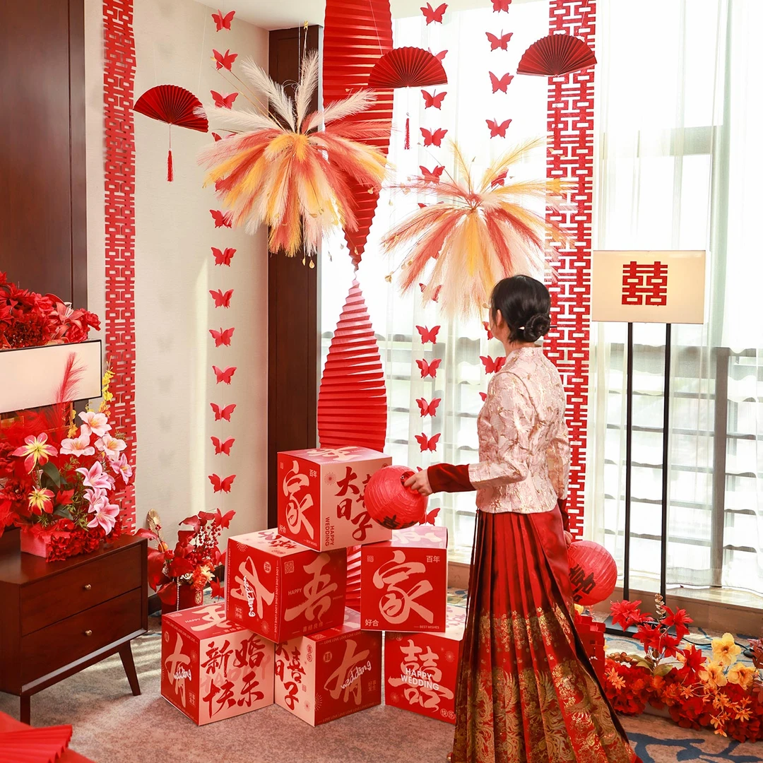 菲寻酒店婚房布置套装婚礼客厅晨袍拍照结婚长条喜字贴背景墙装饰