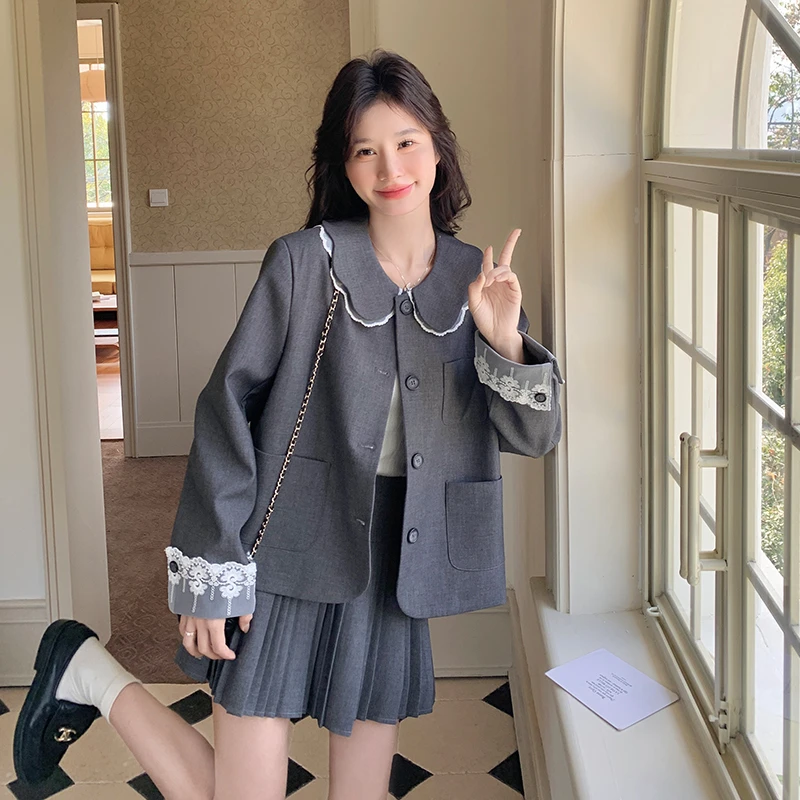 韩系学院风娃娃领西装两件套女春2025一整套ootd穿搭百褶短裙套装